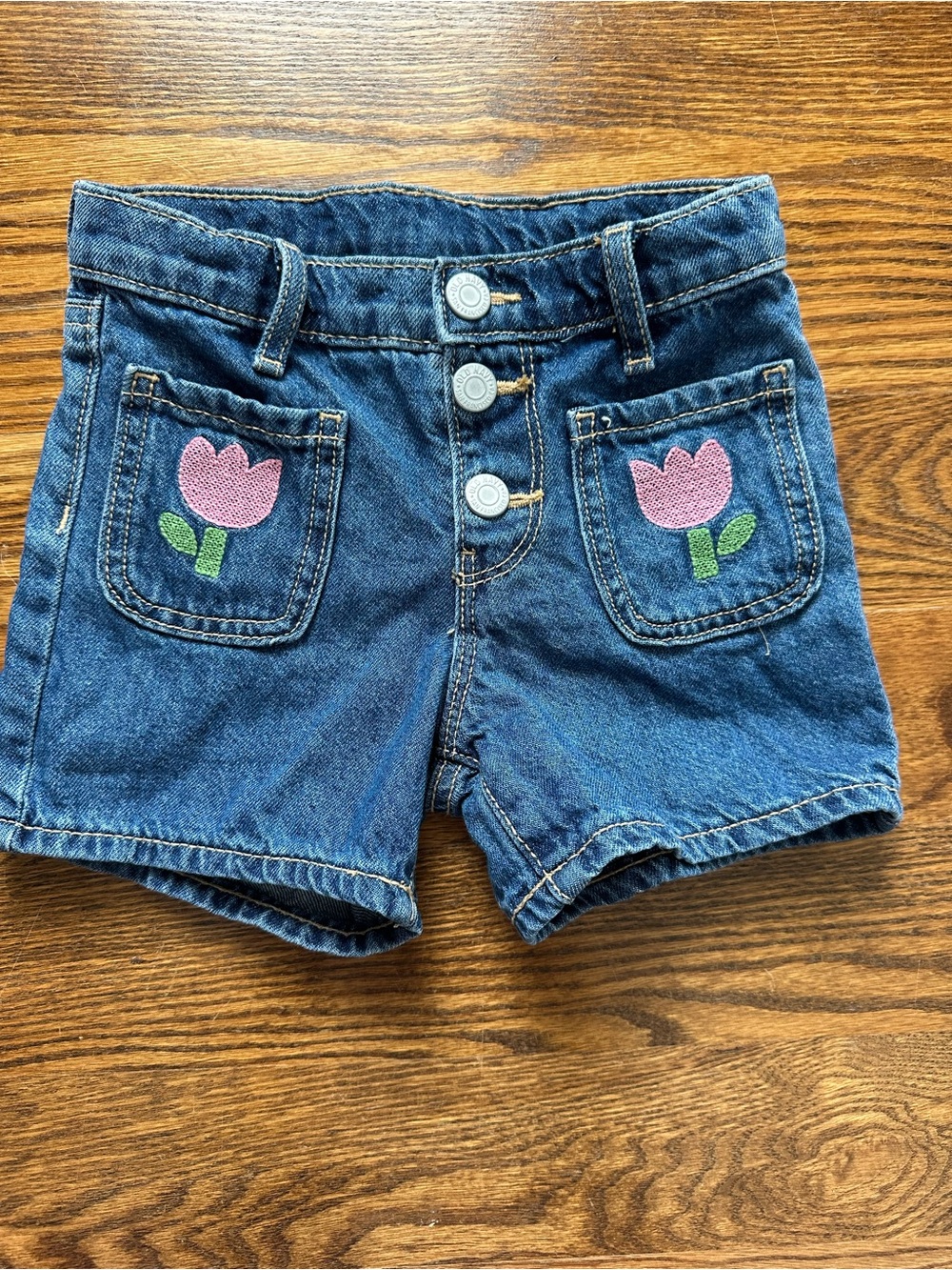 Old Navy Blue Denim Shorts with Pink Tulip Pockets